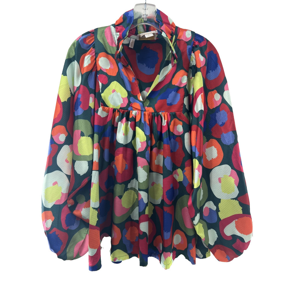 Emily McCarthy Women's Geometric Print Long Sleeve V-Neck Blouse Size Small